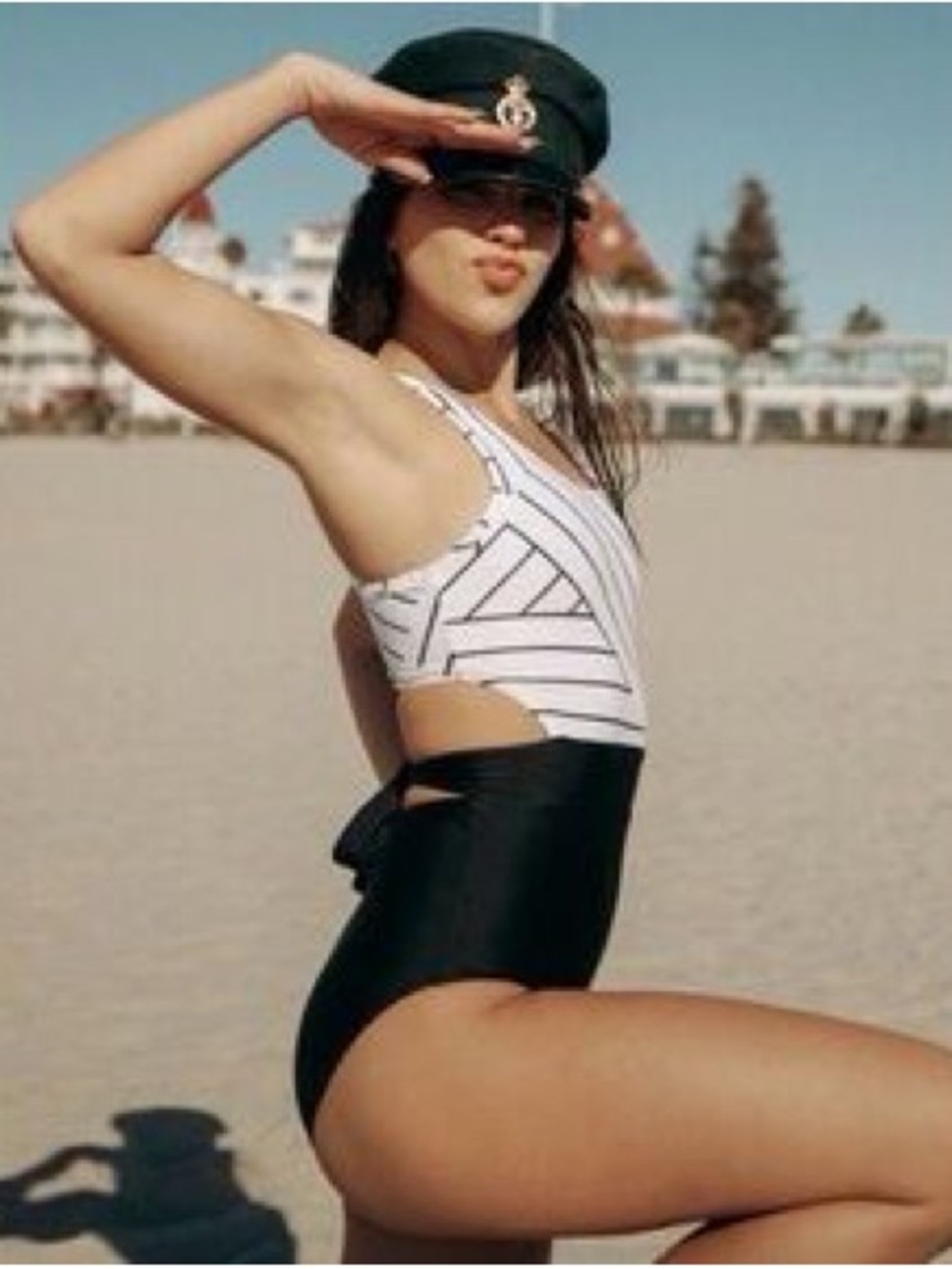 Albion Striped Color Block Open Zip Back One Piece Swimsuit Black White Large